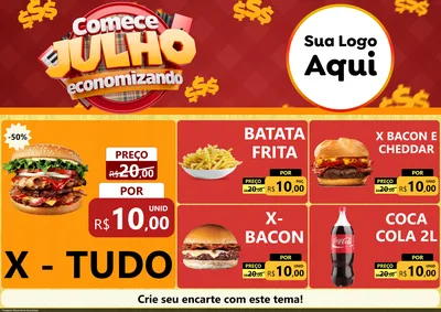 Modelo de Encarte para Encarte A4 Horizontal com o tema Comece Julho Economizando para Hamburgueria