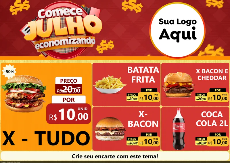 Modelo de Encarte para Encarte A4 Horizontal com o tema Comece Julho Economizando para Hamburgueria