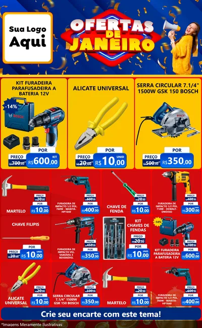 Modelo de Encarte para Encarte Grande com o tema Ofertas de Janeiro para Maquinas e Ferramentas