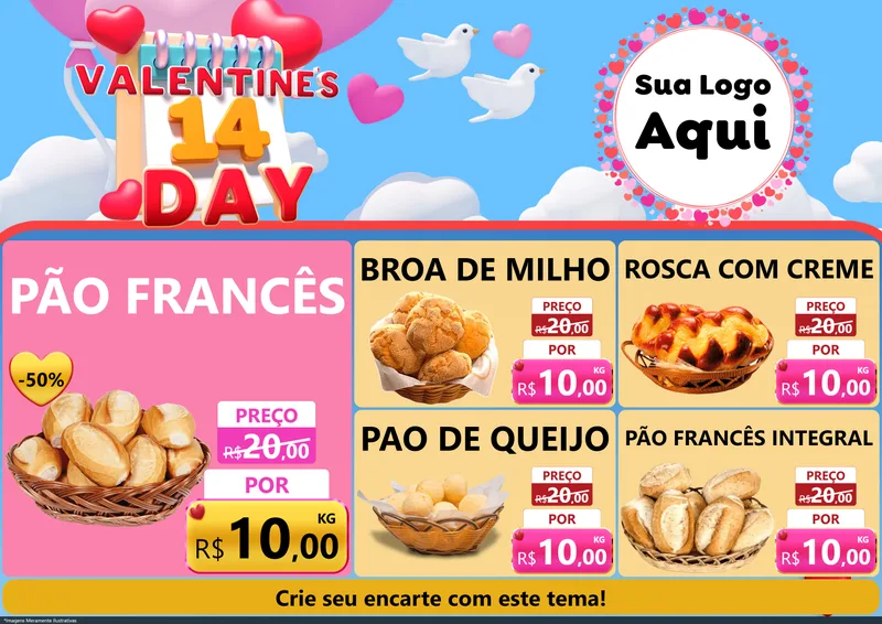 Modelo de Encarte para Encarte A4 Horizontal com o tema Valentine's Day para Padaria