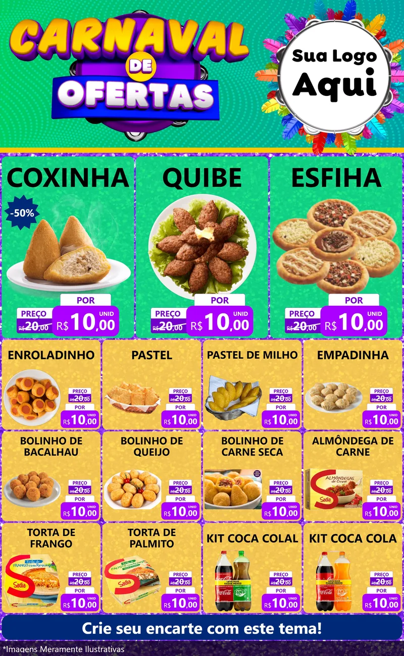 Modelo de Encarte para Encarte Grande com o tema Carnaval de Ofertas para Salgadaria