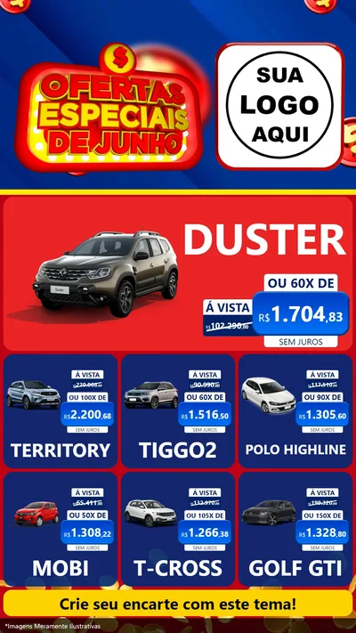 Modelo de Rede Social para Stories com o tema Ofertas Especiais de Junho para Concessionaria de Carros