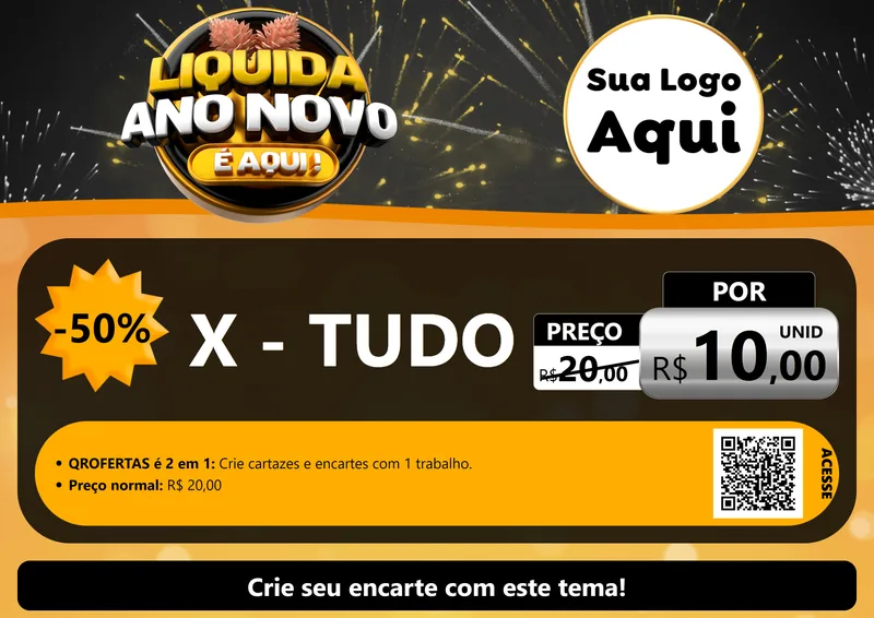 Modelo de Cartaz para Cartaz A4 Horizontal com o tema Liquida Ano Novo É Aqui! para Hamburgueria