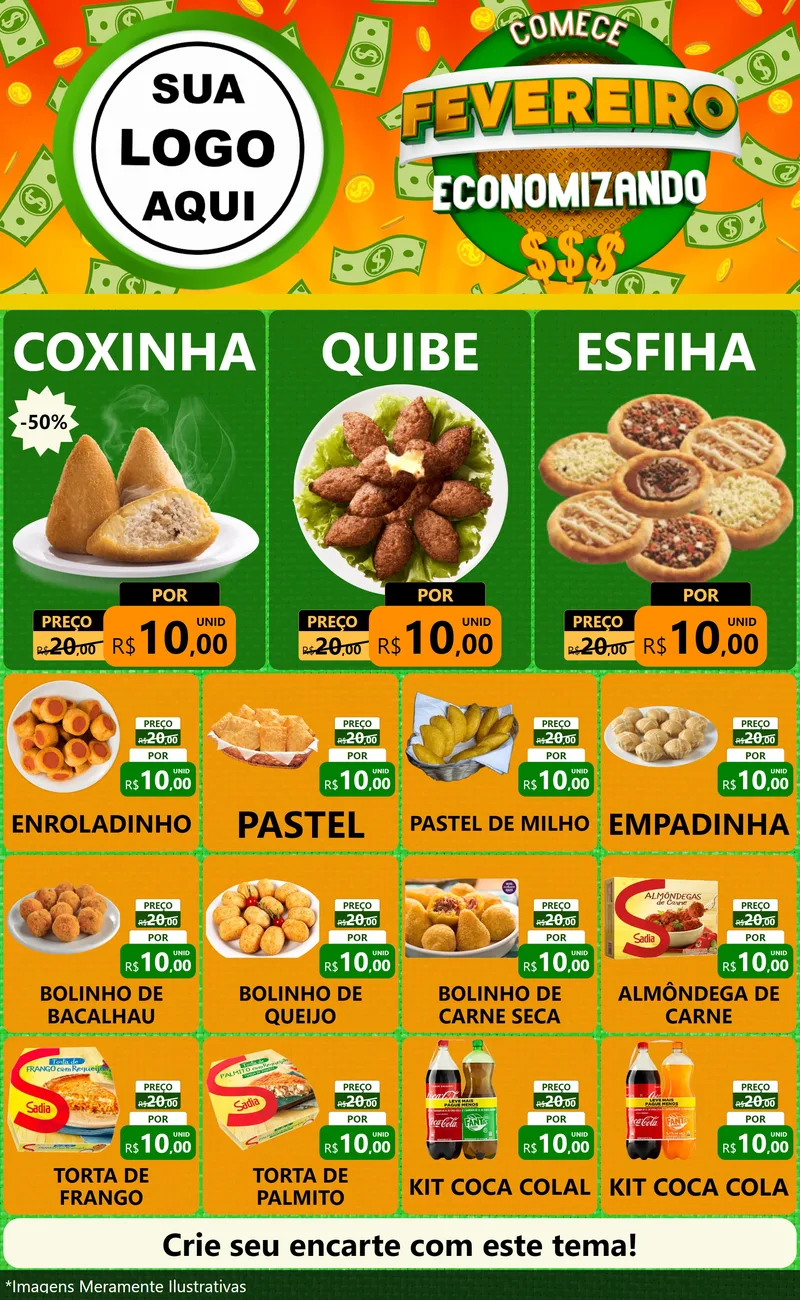 Modelo de Encarte para Encarte Grande com o tema Comece Fevereiro Economizando para Salgadaria