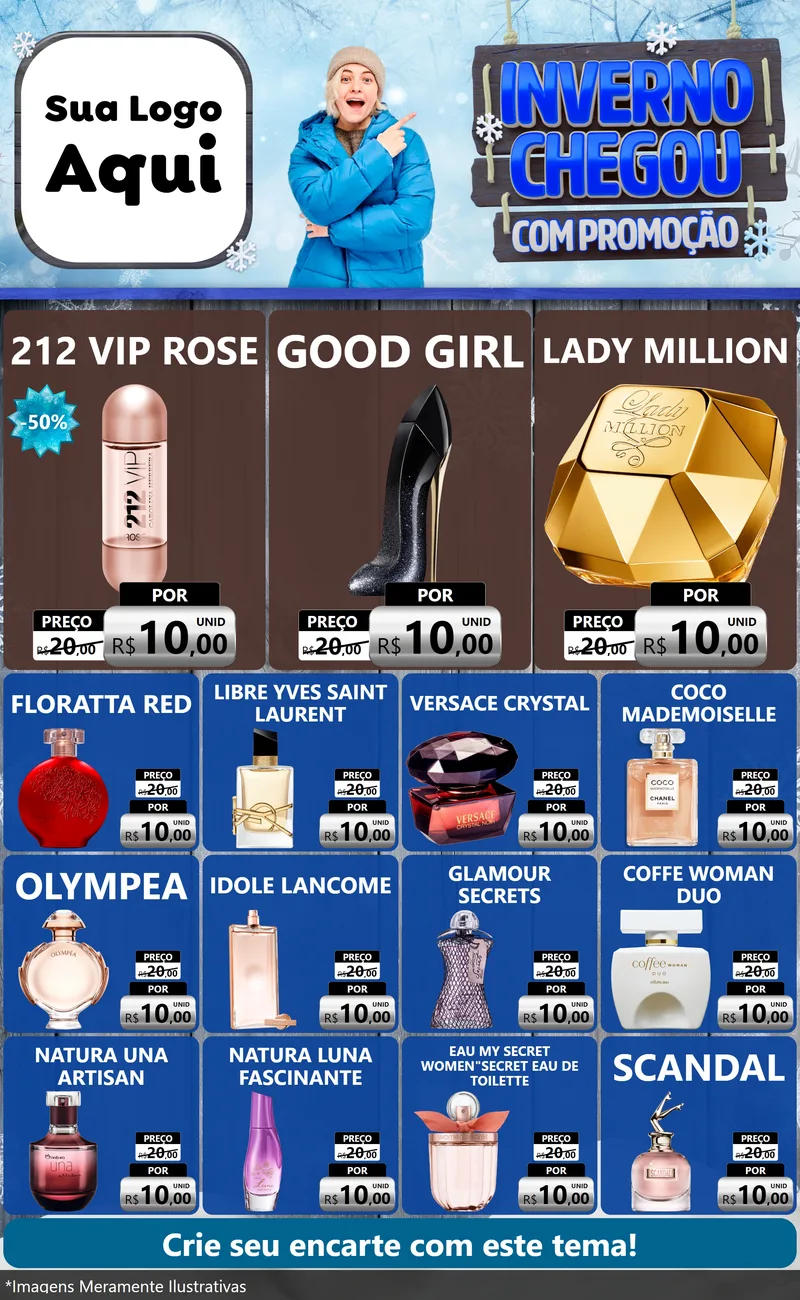 Modelo de Encarte para Encarte Grande com o tema Inverno Chegou Com Promoção para Perfumes