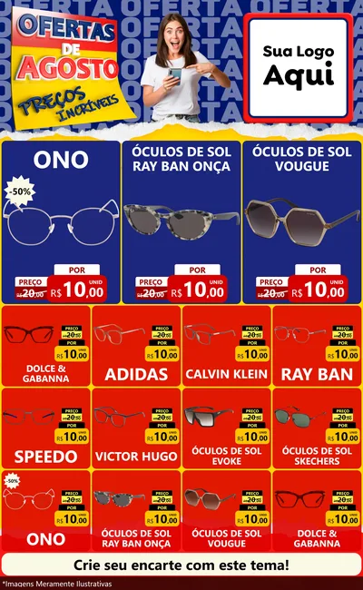 Modelo de Encarte para Encarte Grande com o tema Ofertas de Agosto - Preços Incríveis para Óticas