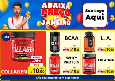 Modelo de Encarte para Encarte A4 Horizontal com o tema Abaixa Preço em Janeiro para Suplementos alimentares