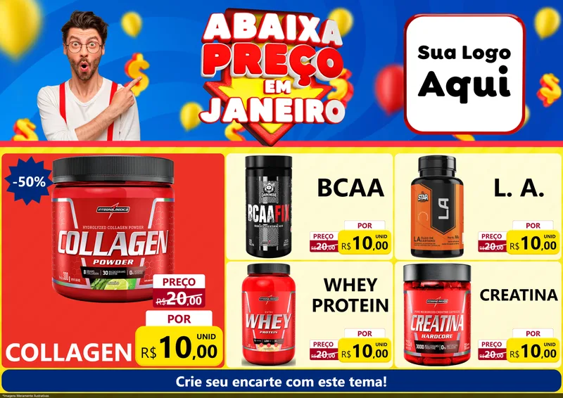 Modelo de Encarte para Encarte A4 Horizontal com o tema Abaixa Preço em Janeiro para Suplementos alimentares