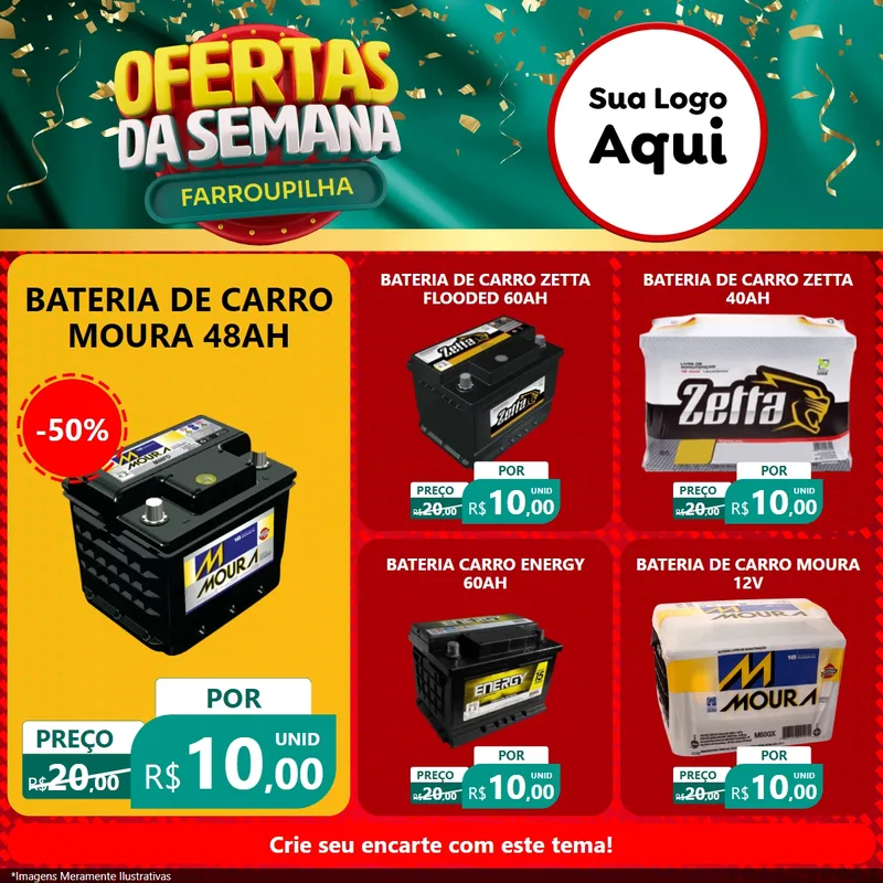 Modelo de Rede Social para Feed Facebook com o tema Ofertas da Semana Farroupilha para Baterias Elétricas