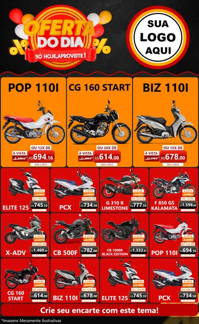 Modelo de Encarte para Encarte Grande com o tema Oferta do Dia - Só hoje, Aproveite! para Concessionaria de Motos
