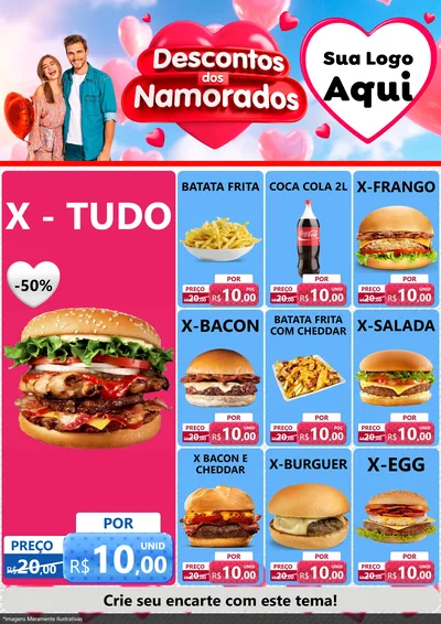 Modelo de Encarte para Encarte A4 Vertical com o tema Descontos dos Namorados para Hamburgueria
