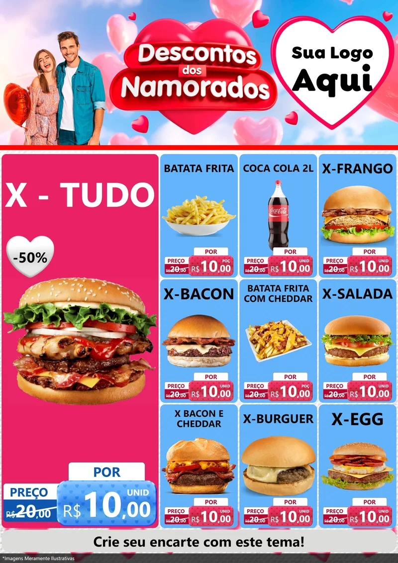 Modelo de Encarte para Encarte A4 Vertical com o tema Descontos dos Namorados para Hamburgueria
