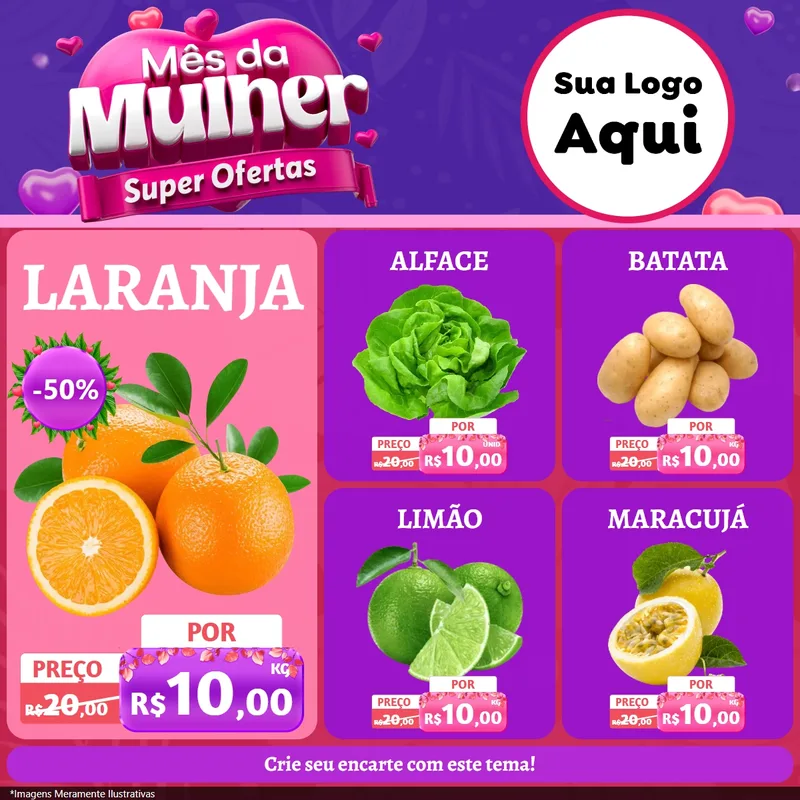 Modelo de Rede Social para Feed Facebook com o tema Mês da Mulher - Super Ofertas para Hortifrúti