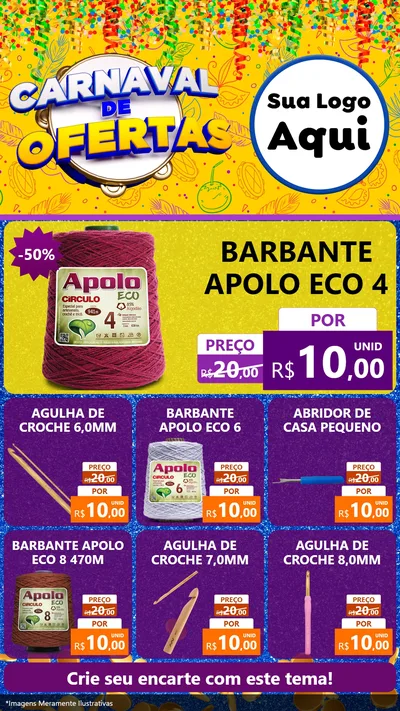 Modelo de Rede Social para Stories com o tema Carnaval de Ofertas para Armarinho e Aviamentos