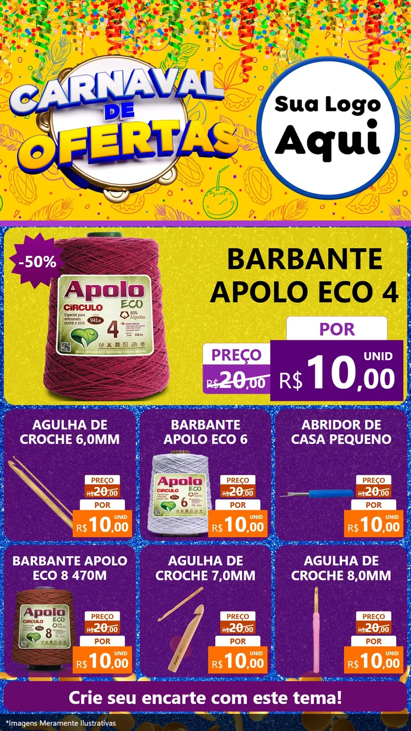 Modelo de Rede Social para Stories com o tema Carnaval de Ofertas para Armarinho e Aviamentos