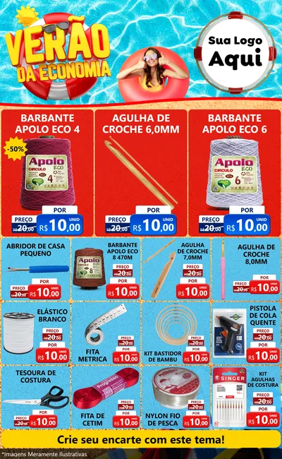 Modelo de Encarte para Encarte Grande com o tema Verão da Economia para Armarinho e Aviamentos