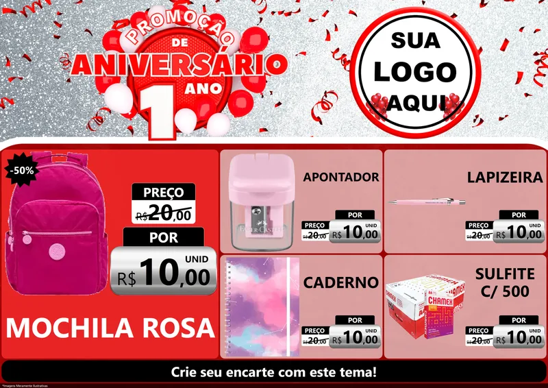Modelo de Encarte para Encarte A4 Horizontal com o tema Promoção de Aniversário - 1 Ano para Papelaria
