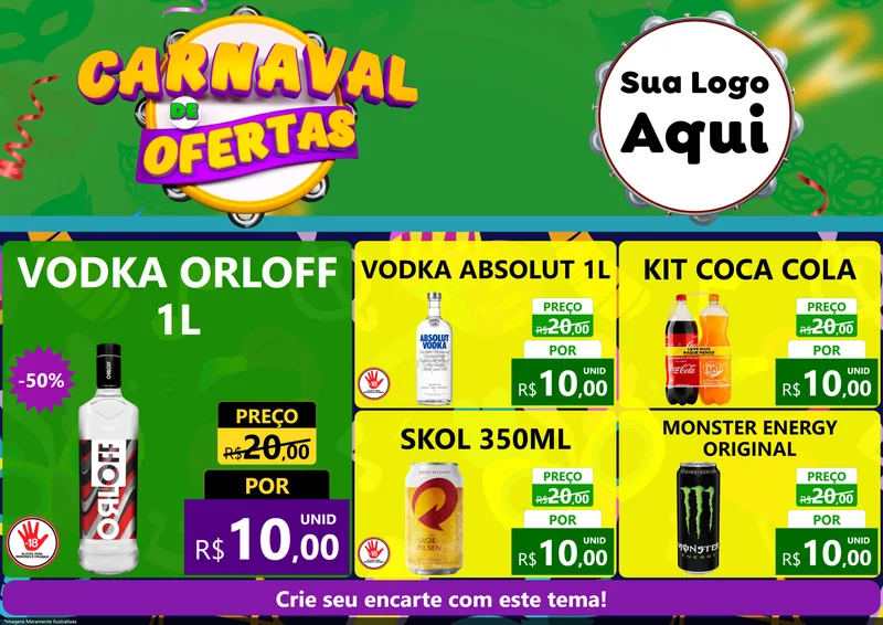 Modelo de Encarte para Encarte A4 Horizontal com o tema Carnaval de Ofertas para Distribuidora de bebidas