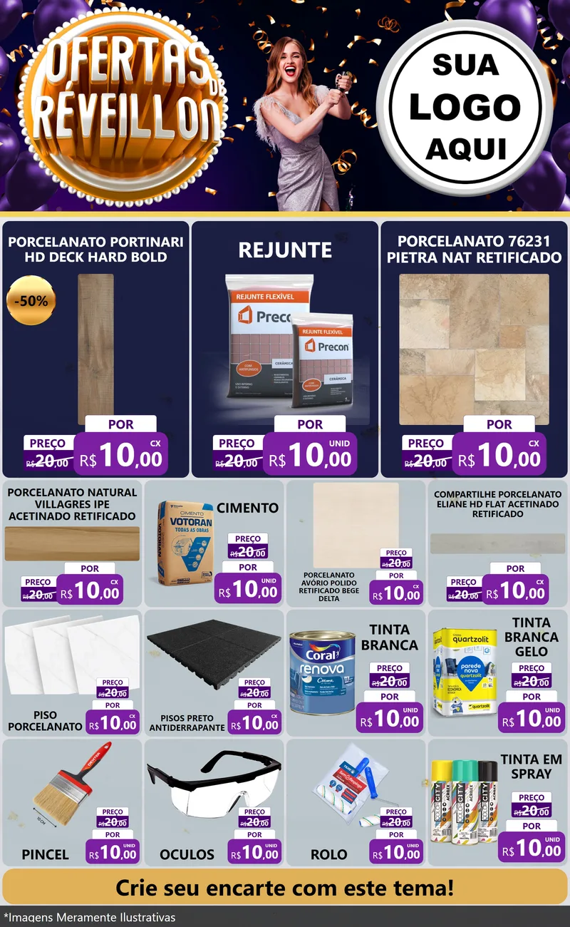 Modelo de Encarte para Encarte Grande com o tema Ofertas de Réveillon para Pisos e revestimentos