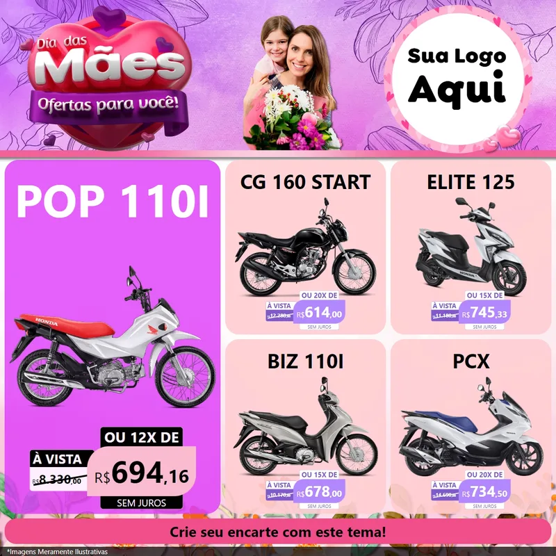 Modelo de Rede Social para Feed Facebook com o tema Dia das Mães Ofertas para Você! para Concessionaria de Motos
