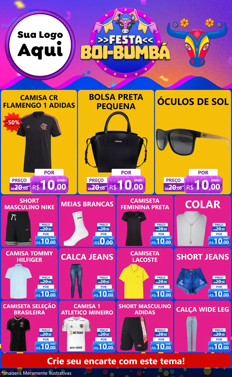 Modelo de Encarte para Encarte Grande com o tema Festa Boi-Bumbá para Roupas e acessórios