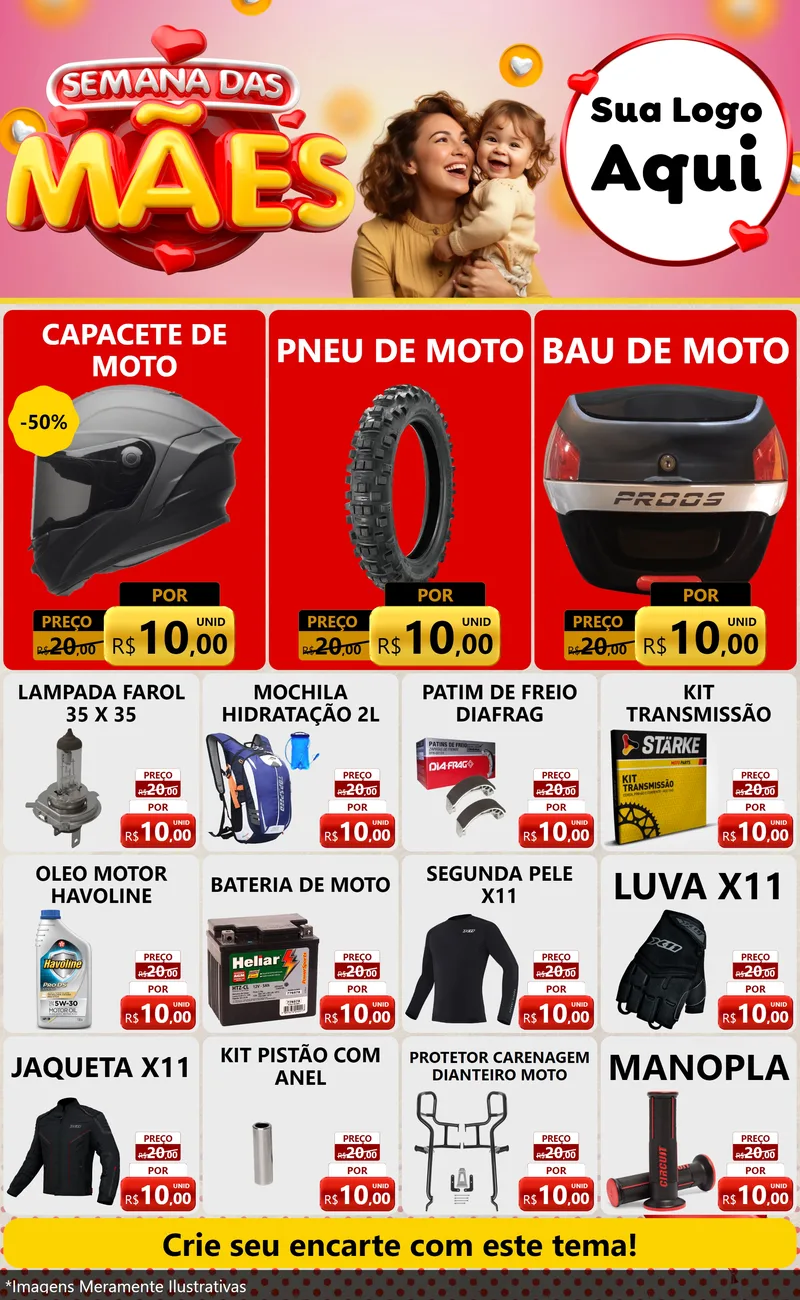 Modelo de Encarte para Encarte Grande com o tema Semana das Mães para Moto peças