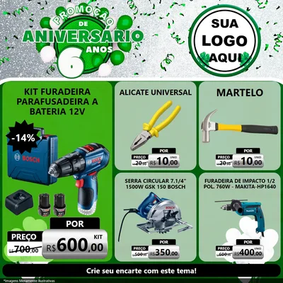 Modelo de Rede Social para Feed Facebook com o tema Promoção de Aniversário - 6 Anos para Maquinas e Ferramentas