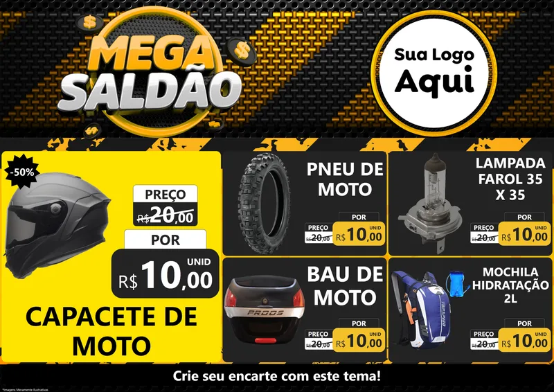 Modelo de Encarte para Encarte A4 Horizontal com o tema Mega Saldão para Moto peças