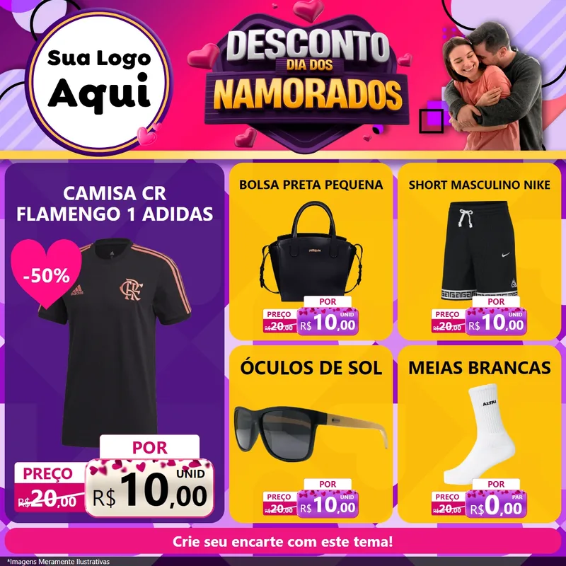 Modelo de Rede Social para Feed Facebook com o tema Desconto Dia dos Namorados para Roupas e acessórios