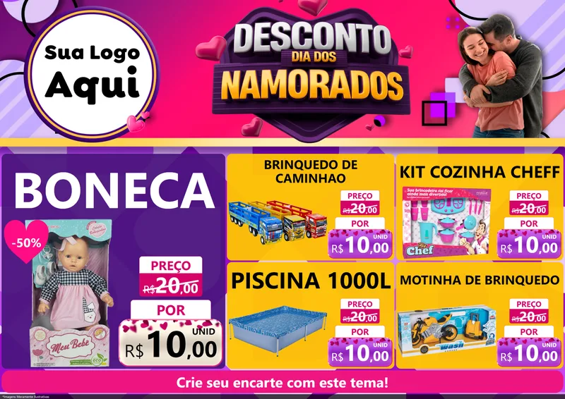Modelo de Encarte para Encarte A4 Horizontal com o tema Desconto Dia dos Namorados para Brinquedos
