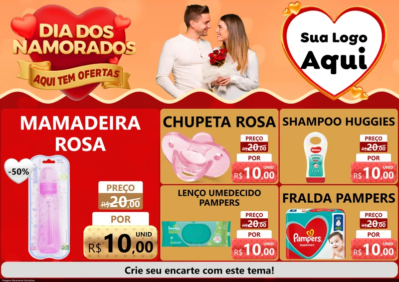 Modelo de Encarte para Encarte A4 Horizontal com o tema Dia dos Namorados - Aqui Tem Ofertas para Bebês
