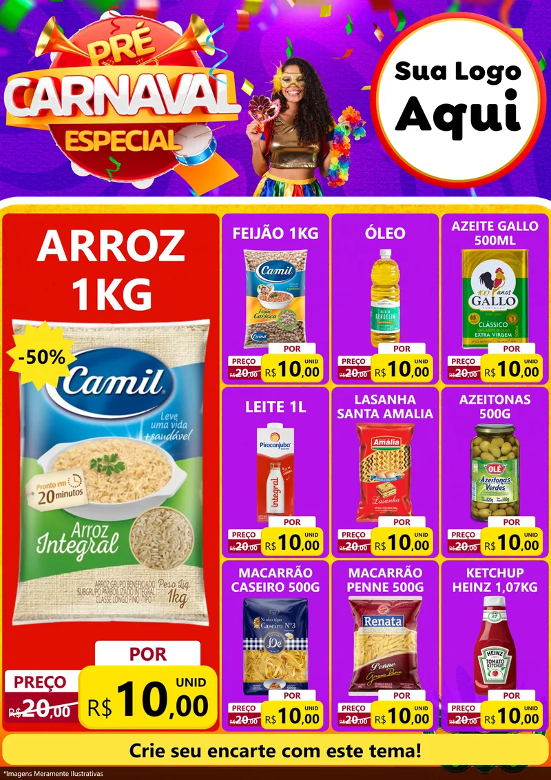Modelo de Encarte para Encarte A4 Vertical com o tema Pré-Carnaval Especial para Supermercado