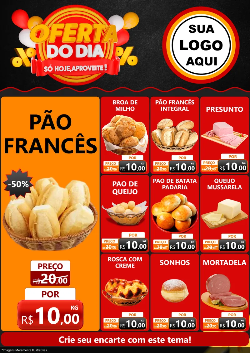 Modelo de Encarte para Encarte A4 Vertical com o tema Oferta do Dia - Só hoje, Aproveite! para Padaria