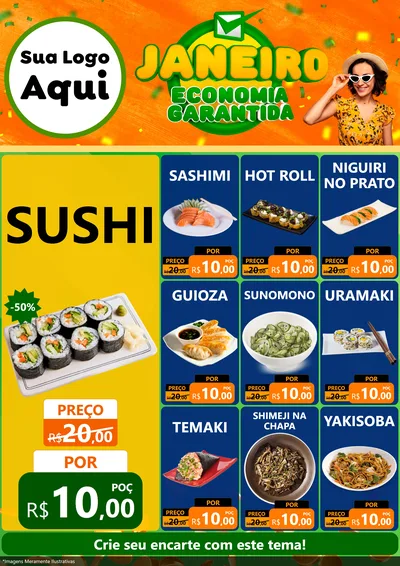 Modelo de Encarte para Encarte A4 Vertical com o tema Janeiro - Economia Garantida para Comida japonesa