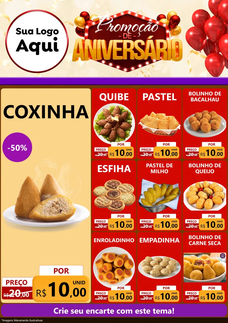 Modelo de Encarte para Encarte A4 Vertical com o tema Promoção de Aniversário para Salgadaria