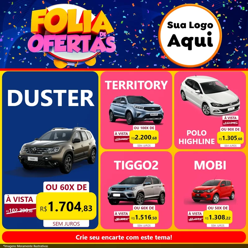 Modelo de Rede Social para Feed Facebook com o tema Folia de Ofertas para Concessionaria de Carros