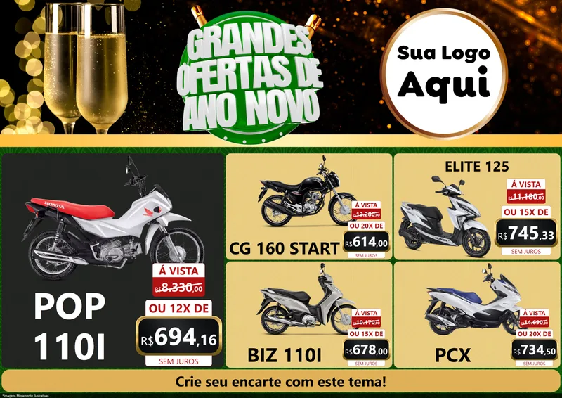 Modelo de Encarte para Encarte A4 Horizontal com o tema Grandes Ofertas de Ano Novo para Concessionaria de Motos