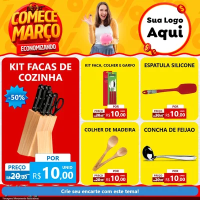 Modelo de Rede Social para Feed Facebook com o tema Comece Março Economizando para Utilidades Domésticas