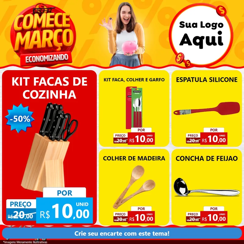 Modelo de Rede Social para Feed Facebook com o tema Comece Março Economizando para Utilidades Domésticas