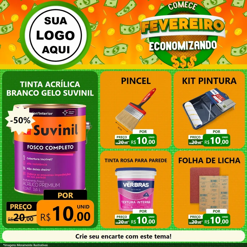 Modelo de Rede Social para Feed Facebook com o tema Comece Fevereiro Economizando para Tintas e Ferramentas