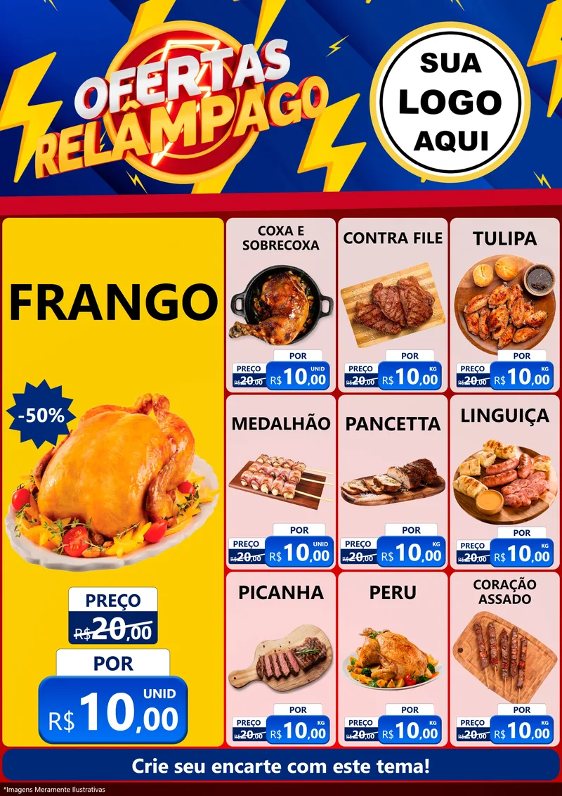 Modelo de Encarte para Encarte A4 Vertical com o tema Ofertas Relâmpago para Assados