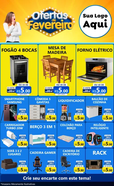 Modelo de Encarte para Encarte Grande com o tema Ofertas de Fevereiro para Móveis e Eletro