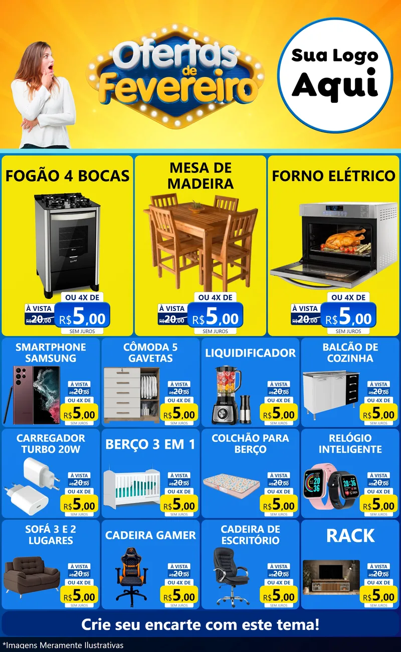 Modelo de Encarte para Encarte Grande com o tema Ofertas de Fevereiro para Móveis e Eletro