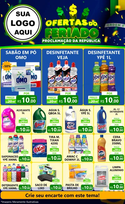 Modelo de Encarte para Encarte Grande com o tema Ofertas do Feriado - Proclamação da República para Produtos de Limpeza