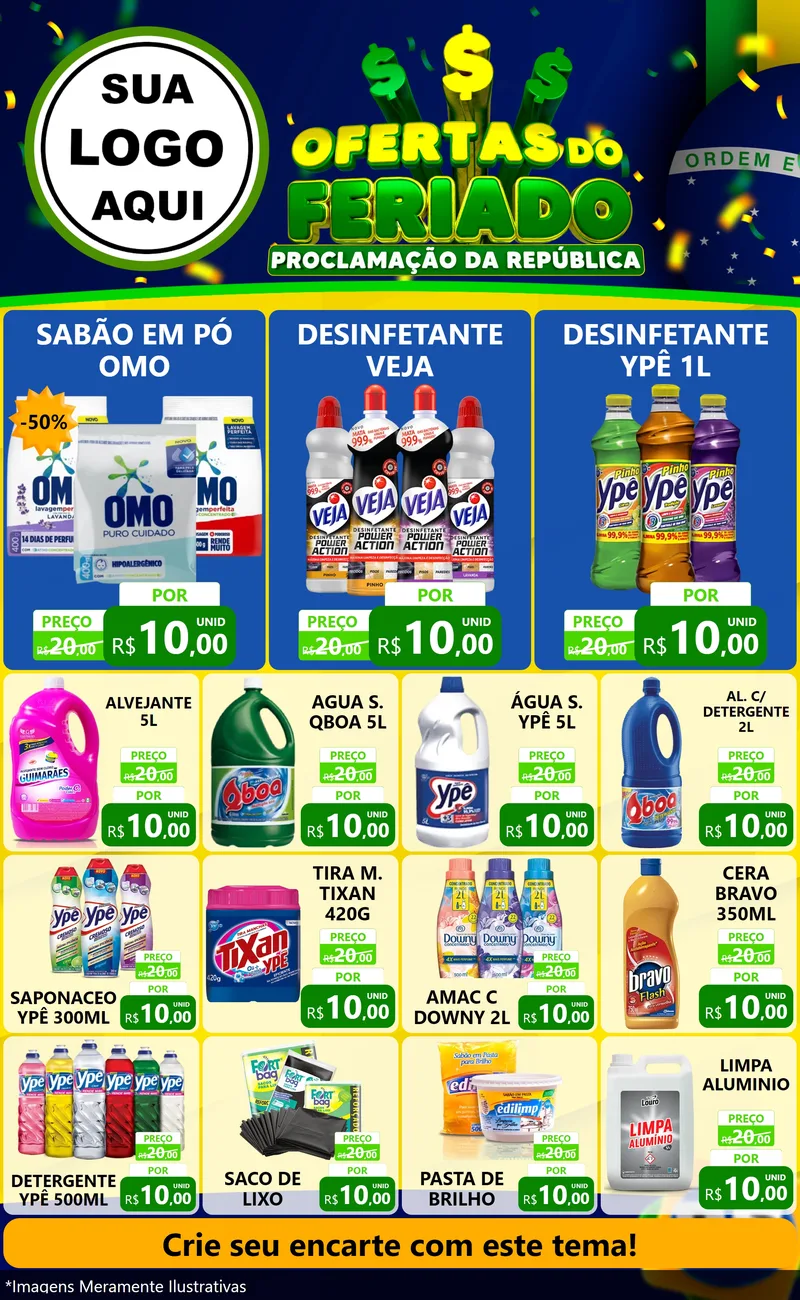 Modelo de Encarte para Encarte Grande com o tema Ofertas do Feriado - Proclamação da República para Produtos de Limpeza