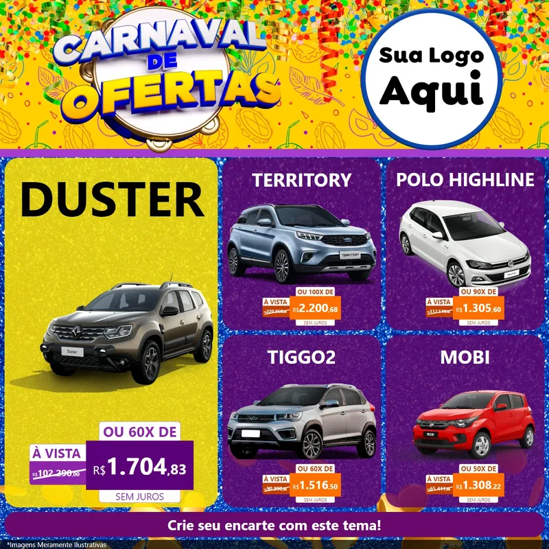 Modelo de Rede Social para Feed Facebook com o tema Carnaval de Ofertas para Concessionaria de Carros