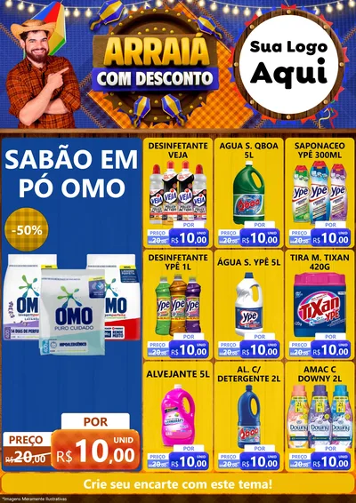 Modelo de Encarte para Encarte A4 Vertical com o tema Arraiá Com Desconto para Produtos de Limpeza