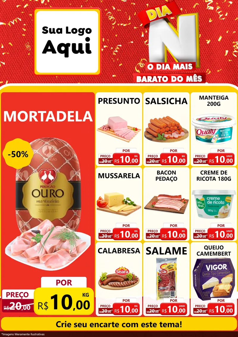 Modelo de Encarte para Encarte A4 Vertical com o tema Dia N o Dia Mais Barato do Mês para Frios e Laticínios