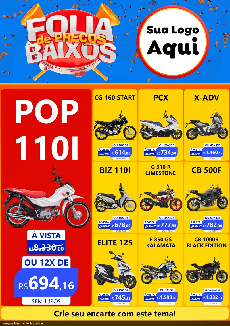 Modelo de Encarte para Encarte A4 Vertical com o tema Folia de Preços Baixos para Concessionaria de Motos