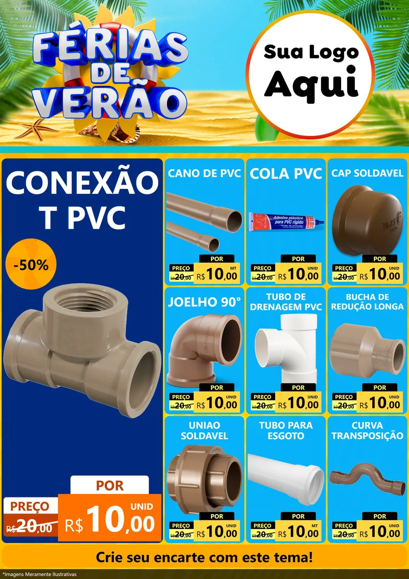Modelo de Encarte para Encarte A4 Vertical com o tema Férias de Verão para Tubos e conexões